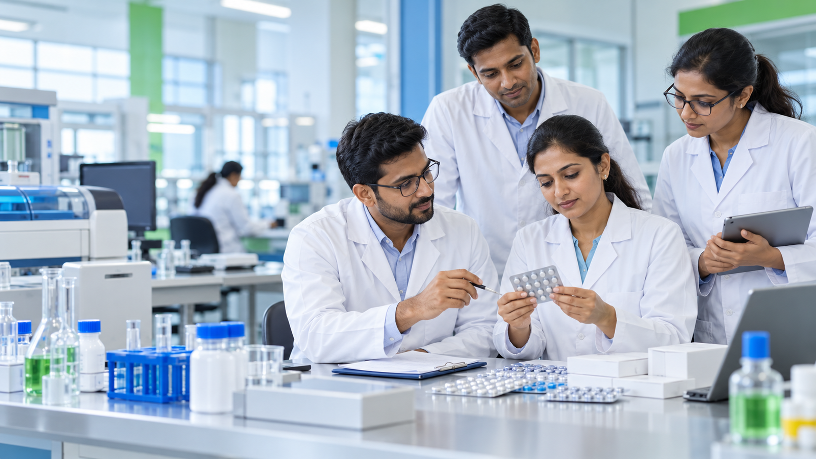 Illustrative pharmaceutical professionals reviewing quality documentation